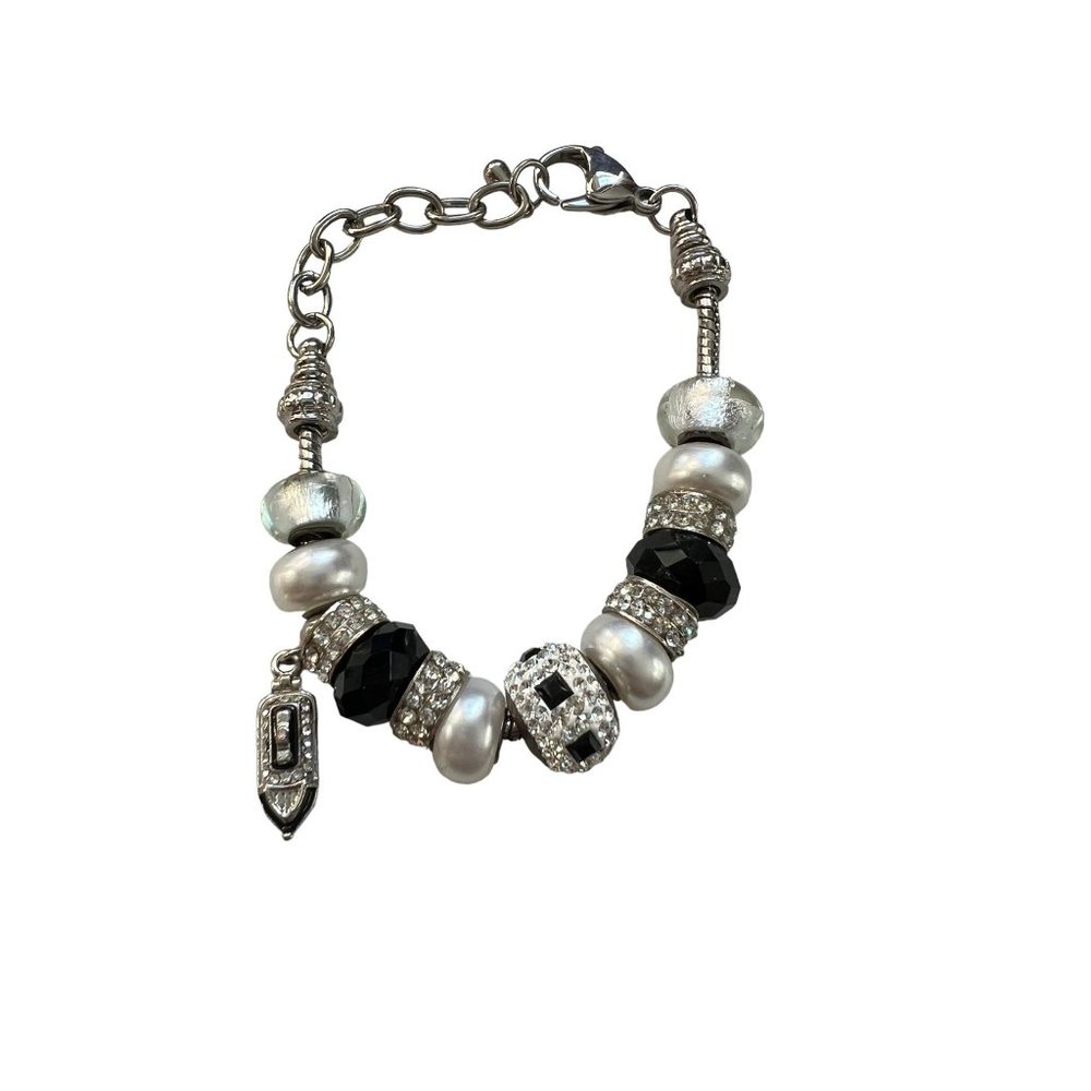 Silver tone bracelet beads ship boat dangle charm rhinestones black 8.5" NWOT
